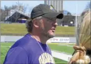  ??  ?? Scott Marr addresses the media on April 10, two days before Albany is set to face No. 3Maryland at Casey Stadium.