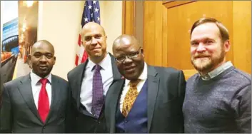  ??  ?? Nelson Chamisa (left) and Tendai Biti, seen here with US Congressme­n genuinely believe they have the keys to billions of dollars from the West