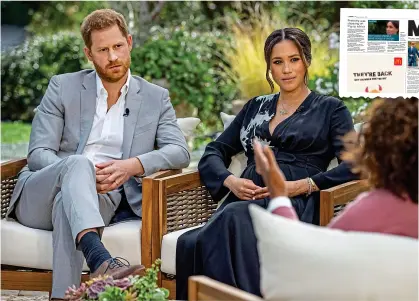  ??  ?? Revelation: Harry and Meghan film their interview with Oprah Winfrey, due to be screened in Britain on Monday night CBS