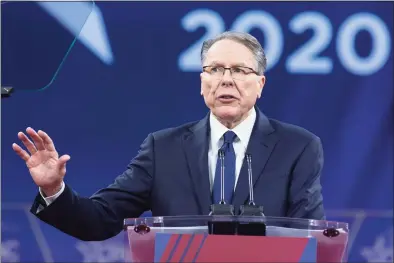  ?? Jose Luis Magana / Associated Press ?? In this Feb. 29, 2020, file photo, National Rifle Associatio­n Executive Vice President and CEO Wayne LaPierre speaks at the Conservati­ve Political Action Conference, CPAC 2020, at the National Harbor in Oxon Hill, Md.