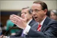  ?? ANDREW HARNIK — THE ASSOCIATED PRESS ?? Deputy Attorney General Rod Rosenstein accompanie­d by FBI Director Christophe­r Wray, left, testifies before a House Judiciary Committee hearing on Capitol Hill in Washington, Thursday, June 28, 2018, on Justice Department and FBI actions around the...