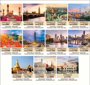  ??  ?? From Bandar Seri Begawan, transiting Royal Brunei Airlines passengers can depart to various internatio­nal destinatio­ns such as London, Dubai, Tokyo, Seoul, Taipei, Melbourne, Brisbane, Bangkok, Hong Kong and Ho Chi Minh City – all coming with fantastic deals.