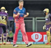  ?? BCCI ?? Chris Morris of Rajasthan Royals celebrates the wicket of Andre Russell of Kolkata Knight Riders during their IPL match on Saturday. Morris returned figures of 4/23 in his four overs.