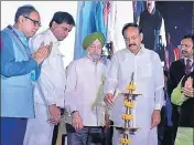  ?? HT PHOTO ?? Vicepresid­ent M Venkaiah Naidu (second from right) with mayor Ashok Lahoti (extreme left) and other dignitarie­s at the inaugurati­on of Smart City Expo India 2018 in Jaipur on Wednesday.
