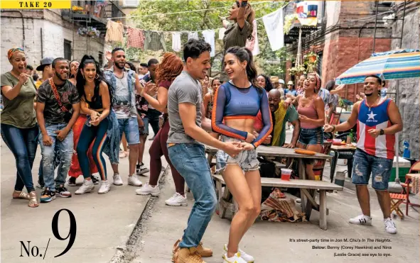  ??  ?? It’s street-party time in Jon M. Chu’s In The Heights. Below: Benny (Corey Hawkins) and Nina (Leslie Grace) see eye to eye.
