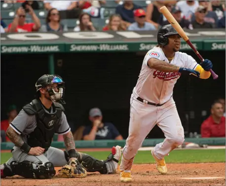  ?? PHIL LONG — THE ASSOCIATED PRESS ?? Jose Ramirez watches his double against the White Sox during an Aug. 6game last season.