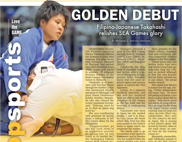  ?? PSC ?? IN CONTROL. Sixteen-year-old Filipino-Japanese Mariya Takahashi, who had lived with her Maragusan-born mother in Panabo City before settling in Japan, takes full control of her women's -70 kilogram division championsh­ip match against five-time champion...