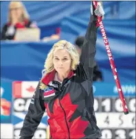  ?? CP PHOTO ?? Canada skip Jennifer Jones celebrates after scoring three points in the seventh end as they face Scotland at the World Women’s Curling Championsh­ip Tuesday.