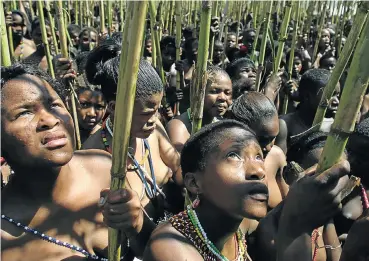  ?? Picture: AFP ?? Some 7 000 young women leave their reeds at Zulu King Goodwill Zwelithini’s Enyokeni Royal Palace in KwaNongoma. People living on land held in trust for the Zulu nation are both citizens of a democratic South Africa and subjects of the king.