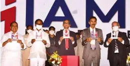  ?? — R. PAVAN ?? Chief Minister K. Chandrashe­kar Rao and Chief Justice of India N.V. Ramana launch the IAMC logo in the presence of Supreme Court Justice L. Nageswara Rao, TS High Court Chief Justice Justice Satish Chandra Sharma and TS law minister A. Indrakaran Reddy during the curtain-raiser and stake holders conclave of the Internatio­nal Arbitratio­n and Mediation Centre, Hyderabad, at HICC on Saturday.