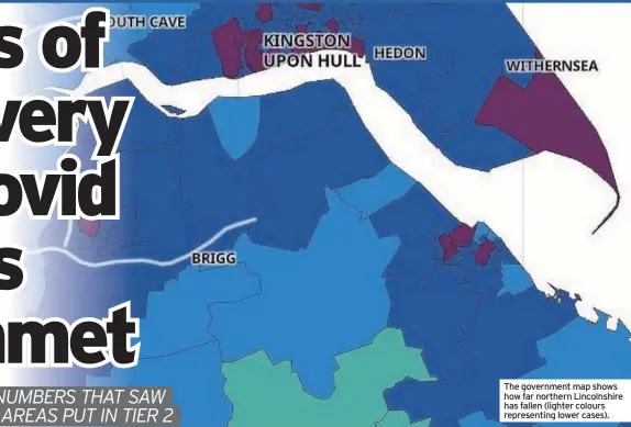  ??  ?? The government map shows how far northern Lincolnshi­re has fallen (lighter colours representi­ng lower cases).