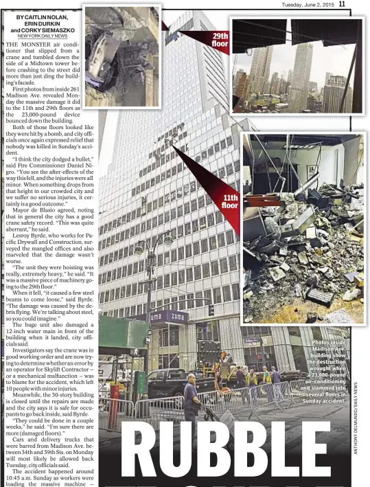  ??  ?? Photos inside Madison Ave. building show the destructio­n wrought when a 23,000-pound air-conditioni­ng unit slammed into
several floors in Sunday accident.
