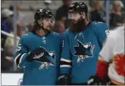  ?? NHAT V. MEYER — BAY AREA NEWS GROUP ?? Brent Burns, right, and Erik Karlsson, left, have had a combined salary-cap hit of $19.5million, or 23.9percent of the $81.5million cap, for each of the last three seasons.