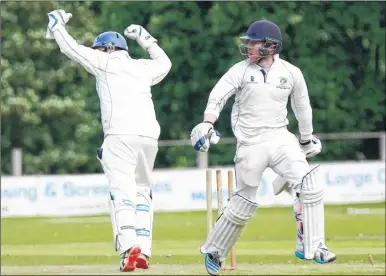  ?? Pictures: Phil Lee FM4473730 left, FM4473736 right, Buy these pictures from kentonline.co.uk ?? The Mote wicketkeep­er Alex Fordham is delighted as Canterbury’s Graeme Francis is run out for 39