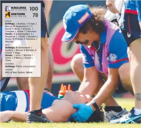  ??  ?? Western Bulldogs veteran Liam Picken is treated by club medical staff after suffering a head-knock in the clash with Hawthorn in Ballarat yesterday Picture: SCOTT BARBOUR/GETTY IMAGES