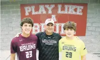  ?? KIM HAIRSTON/BALTIMORE SUN ?? Zach, left, and Matt Tettemer, right, have spent their entire lives around Broadneck boys soccer with their dad, Sean, center, in his 20th year at the Annapolis school. Now, the two sons are living the dream as Bruins players.