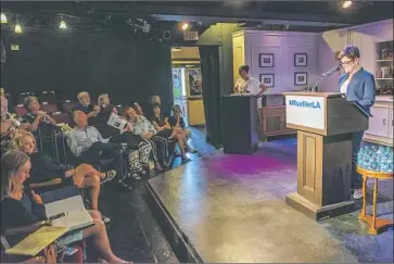  ?? Nick Agro For The Times ?? PHILANTHRO­PIST Kiki Ramos Gindler reads from the Mueller report at Fountain Theatre on Thursday.