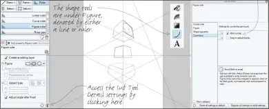  ??  ?? You can snap to certain guides to ensure you have greater control over your shapes. The shape tools are under Figure, denoted by either a line or ruler. Edit aspect type here and create duplicates of the shape. Access the Sub Tool Detail settings by clicking here.