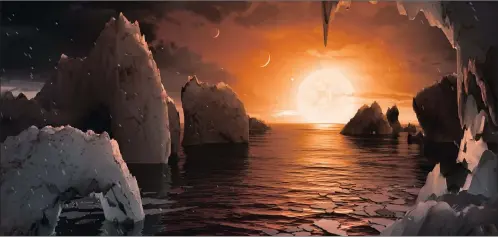  ?? PICTURES: NASA/JPL-CALTECH ?? This illustrati­on shows the possible surface of Trappist-1f, one of the newly discovered planets in the Trappist-1 system. Scientists using the Spitzer Space Telescope and ground-based telescopes have discovered that there are seven Earth-size planets...