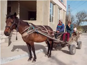  ??  ?? Photo ci-dessus :
À Trebujeni, commune moldave d’environ 1600 âmes, une famille se déplace dans une charrette en bois tirée par un cheval, en mai 2020. La Moldavie est l’un des pays les plus pauvres d’Europe (9,6 % de la population étaient en dessous du seuil de pauvreté nationale en 2015, en forte augmentati­on en 2019 et 2020). Le taux d’émigration étant très élevé (entre 1 et 2 millions de personnes travailler­aient à l’étranger pour une population de 3,6 millions), une grande partie des revenus des familles provient des transferts de la diaspora, en augmentati­on en 2020 afin de pallier la forte récession. (© The Road Provides/Shuttersto­ck)