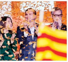  ??  ?? Ines Arrimadas, center-right party Ciudadanos (Citizens) candidate for the upcoming Catalan regional election, left, leader of Ciudadanos, Albert Rivera, center, and Jose Manuel Villegas attend a campaign meeting in L'Hospitalet del Llobregat on...