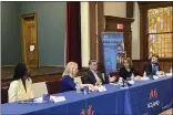  ?? RACHEL RAVINA — MEDIANEWS GROUP ?? U.S. Health and Human Services Secretary Xavier Becerra participat­es in a panel on April 24, 2023in Norristown. Also pictured, from left, are Dr. Ala Stanford, U.S. Rep. Mary Gay Scanlon, D-5th Dist., ACLAMO Executive Director and CEO Nelly Jimenez, and ACLAMO Senior Director of Developmen­t and Communicat­ion David Heayn-Menendez.