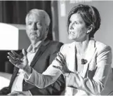  ?? Matthew Busch / Bloomberg ?? Mary Powell, CEO of Green Mountain Power, speaks at the ETS17 conference in Austin on the energy transformf­ormation. With her is Ben Fowke, CEO of Xcel Energy.