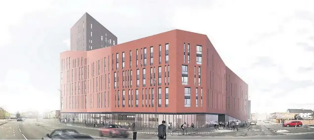  ??  ?? The Barrow Street view of plans for 500 student homes in Loughborou­gh, which include a 14-storey tower.
Image courtesy of Rio Architects and Future Generation.