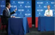  ?? CRAIG RUTTLE—THE ASSOCIATED PRESS ?? New York Gov. Andrew Cuomo answers a question as Democratic New York gubernator­ial candidate Cynthia Nixon looks on during a gubernator­ial debate at Hofstra University in Hempstead, N.Y., Wednesday, Aug. 29, 2018.