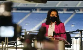  ??  ?? Gretchen Whitmer earlier this month. The governor has so far resisted more restrictio­ns. Photograph: Matthew Hatcher/Getty Images