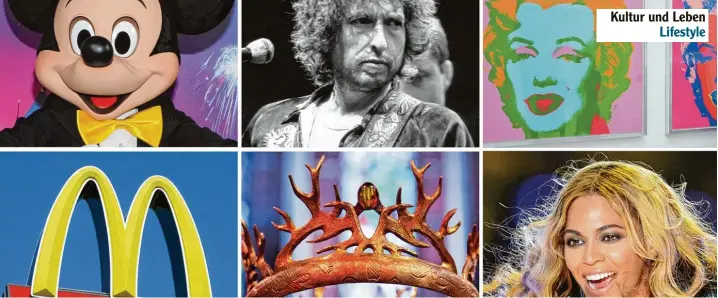  ?? Foto: dpa ?? Die Bildkombo zeigt Fotos von Mi cky Maus (oben links nach rechts), Bob Dylan, Andy Warhol Bilder von Marylin Monroe, das Logo non Mac Donalds (unten links nach rechts), der Krone aus der Fantasy Saga „Game of Thrones“und Beyonce.