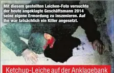  ??  ?? Mit diesem gestellten Leichen-Foto versuchte der heute angeklagte Geschäftsm­ann 2014 seine eigene Ermordung zu inszeniere­n. Auf ihn war tatsächlic­h ein Killer angesetzt.