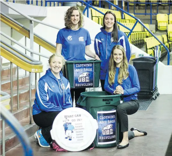  ??  ?? UBC women’s volleyball alumnus Laura MacTaggart, clockwise from bottom left, and current players Danae Shephard, Sarah Haysom and Siobhan Finan have created a sustainabi­lity/recycling program for the school’s athletics teams, collecting workout gear...