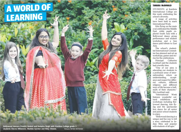  ?? Picture: PETER RISTEVSKI ?? Bollywood dancers Preethi Venkat and Natasha Singh with Kardinia College grade 3 students Electra Milanovic, Matilda Gordon and Riley Shields.