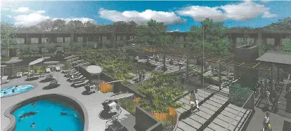  ?? SUBMITTED IMAGE ?? The Los Poblanos bid proposes to turn the Garrett’s Desert Inn parking lot into ‘a series of more intimate spaces between the motel rooms and a dramatic central canopy,’ that would shade a new outdoor lounge, seen in this rendering.