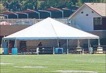  ?? Eric Sondheimer Los Angeles Times ?? HARVARD-WESTLAKE has moved its weightlift­ing equipment outside, next to the football field, where players observe social distancing. Coaches wear N95 masks and monitor athletes with no-touch thermomete­rs.