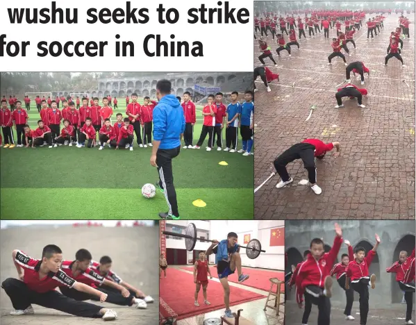  ??  ?? (Clockwise from top right) Flexibilit­y is a huge part of both wushu and soccer. • Practising wushu at the Tagou martial arts school in Dengfeng. • Students using weights for their daily practice of wushu at the Tagou martial arts school in Dengfeng. •...