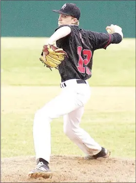  ?? TIMES file photograph ?? Blackhawk freshman Tate Busey, pitcher, gets ready to let go of a pitch during play against Shiloh Christian in the district championsh­ip game at Gravette Friday, April 28. The Blackhawks defeated Jonesboro in the first round of state play then lost...