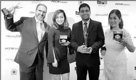  ??  ?? Sitel executives received the company’s two Stevie Awards at the annual awards night held in Mira Hotel, Kowloon, Hong Kong. In photo are (from left) are Craig Reines, chief operating officer, APAC; Jamie Blocker, senior director for learning and...
