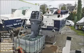  ??  ?? Le dessalage se fait dans un grand bac d’eau ou directemen­t avec un tuyau branché sur les entrées d’eau de l’embase. L’huile d’embase est vidangée, ainsi que l’huile moteur s’il s’agit d’un quatre temps.Le stabilisan­t permet de préserver la bonne qualité de l’essence durant le stockage.