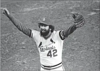  ?? AP PHOTO/FILE ?? In this Oct. 20, 1982, file photo, St. Louis Cardinals ace reliever Bruce Sutter celebrates after the last out in Game 7 of the World Series against the Milwaukee Brewers at St. Louis.