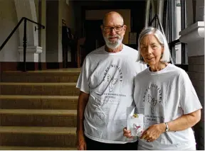  ?? LINDSEY ADKISON/THE BRUNSWICK NEWS ?? Alan and Ellen Huth stand in the foyer of First United Methodist Church in Brunswick. Ellen is holding one of the small crocheted angels the ministry sends to those who need to be uplifted in trying times.