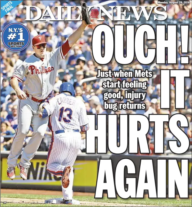  ??  ?? AP With Yoenis Cespedes and Neil Walker already out of lineup, Asdrubal Cabrera injures knee on play at first in Mets’ 5-1 loss to Phils.