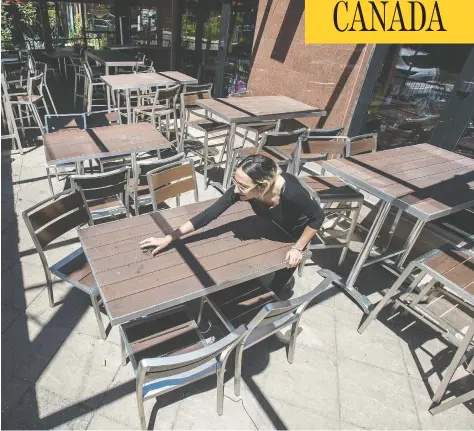  ?? PETER J THOMPSON / FOR NATIONAL POST ?? An employee clears and arranges furniture outside of the Victory Café in Toronto as the Ontario government prepares to open patios.