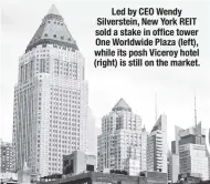  ??  ?? Led by CEO Wendy Silverstei­n, New York REIT sold a stake in office tower One Worldwide Plaza (left), while its posh Viceroy hotel (right) is still on the market.