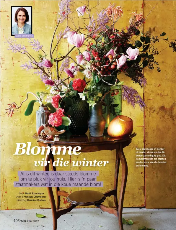  ??  ?? Kies blombakke in donker of aardse kleure om by die winterstem­ming te pas. Dit komplement­eer die seisoen en die kleur van die bessies en blomme.