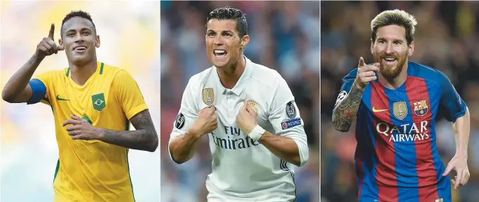  ??  ?? O brasileiro Neymar, o português Cristiano Ronaldo e o argentino Messi são os finalistas do prêmio de melhor jogador do mundo. O camisa 7 do Real Madrid é o favorito nessa disputa