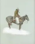  ??  ?? Olaf Wieghorst (1899-1988), Rider and horse in a snowstorm, 1985, watercolor and gouache on paper under glass, 13¾ x 11¾” Estimate: $2/4,000