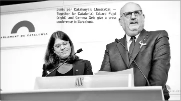  ??  ?? Junts per Catalunya’s (JuntsxCat — Together for Catalonia) Eduard Pujol (right) and Gemma Geis give a press conference in Barcelona.