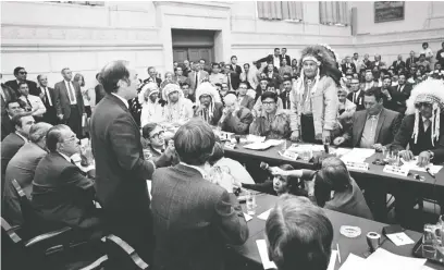  ?? R. MAC /THE CANADIAN PRESS ?? Former prime minister Pierre Trudeau speaks during a dramatic meeting with the entire federal cabinet and a delegation of about 200 Indigenous leaders representi­ng most provinces on Parliament Hill in Ottawa on June 4, 1970.